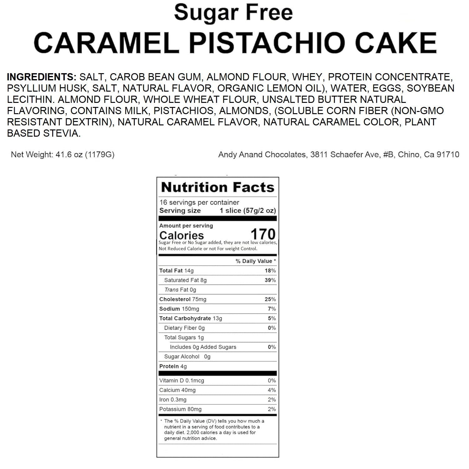 Andy Anand Sugar-Free Pistachio Caramel Cake, 9-Inch, 2.6 lb – Handcrafted, No Artificial Sweeteners, Rich & Moist Birthday Gift Box