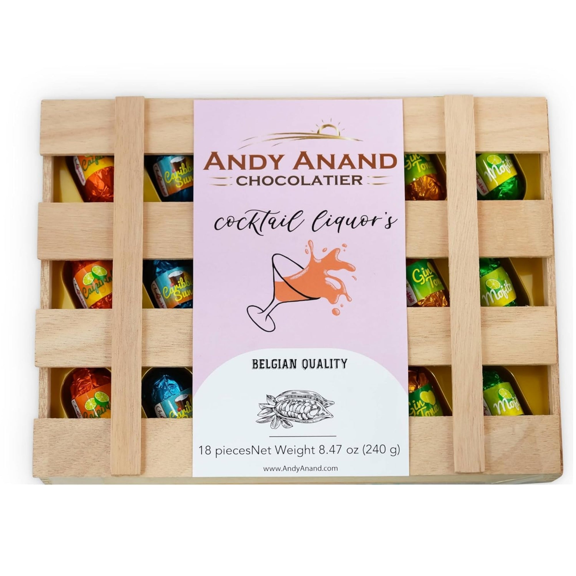 Andy Anand European Cocktail-Flavored Dark Chocolate Bottles, 18 pc, 11.5 oz – Mojito, Limoncello & Gin Tonic, Vegan Birthday Gift Box