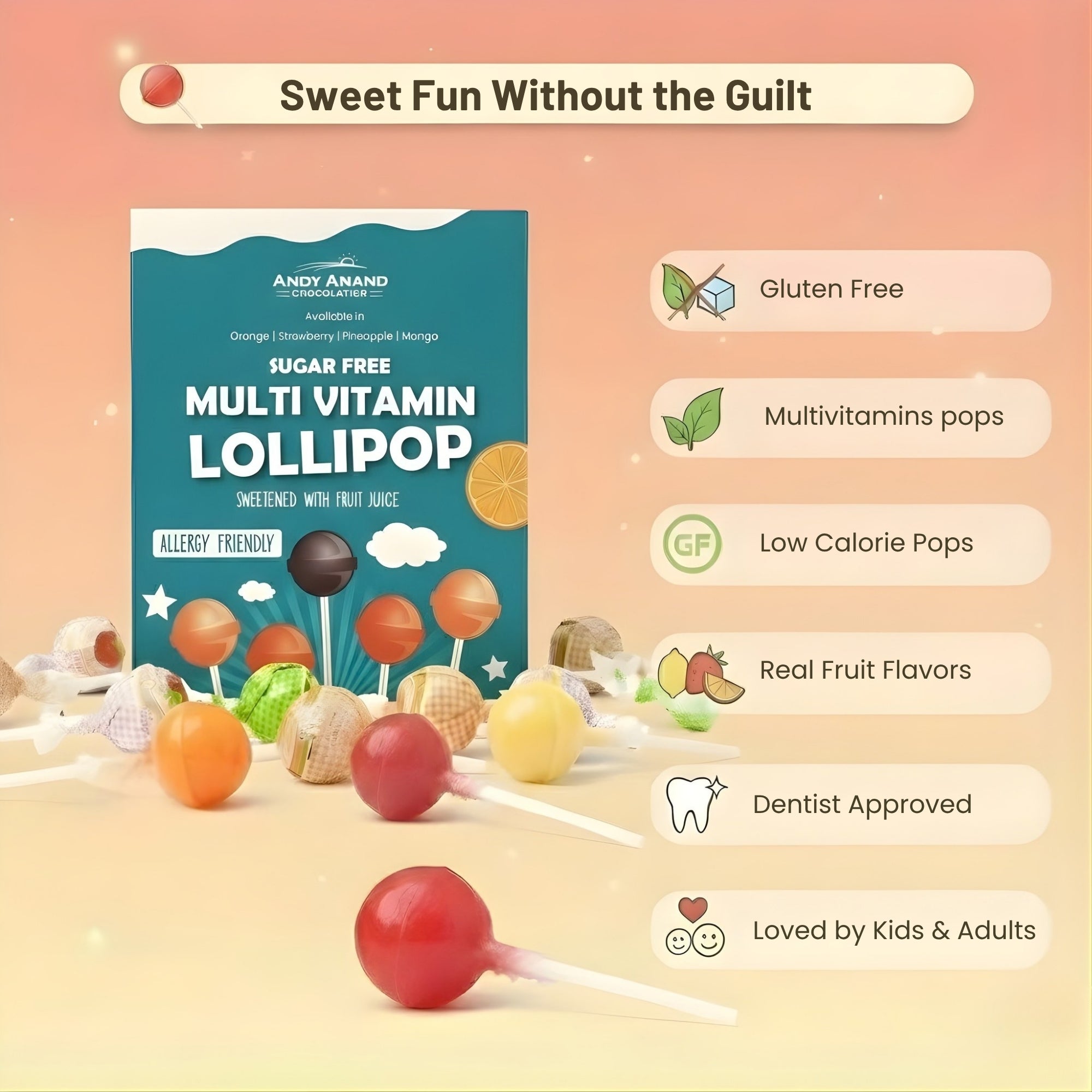 Andy Anand Sugar-Free Multivitamin Lollipops, 29 ct, 8.8 oz – Real Fruit Juice, Keto, Kids Multivitamin Support, Birthday & Holiday Gift
