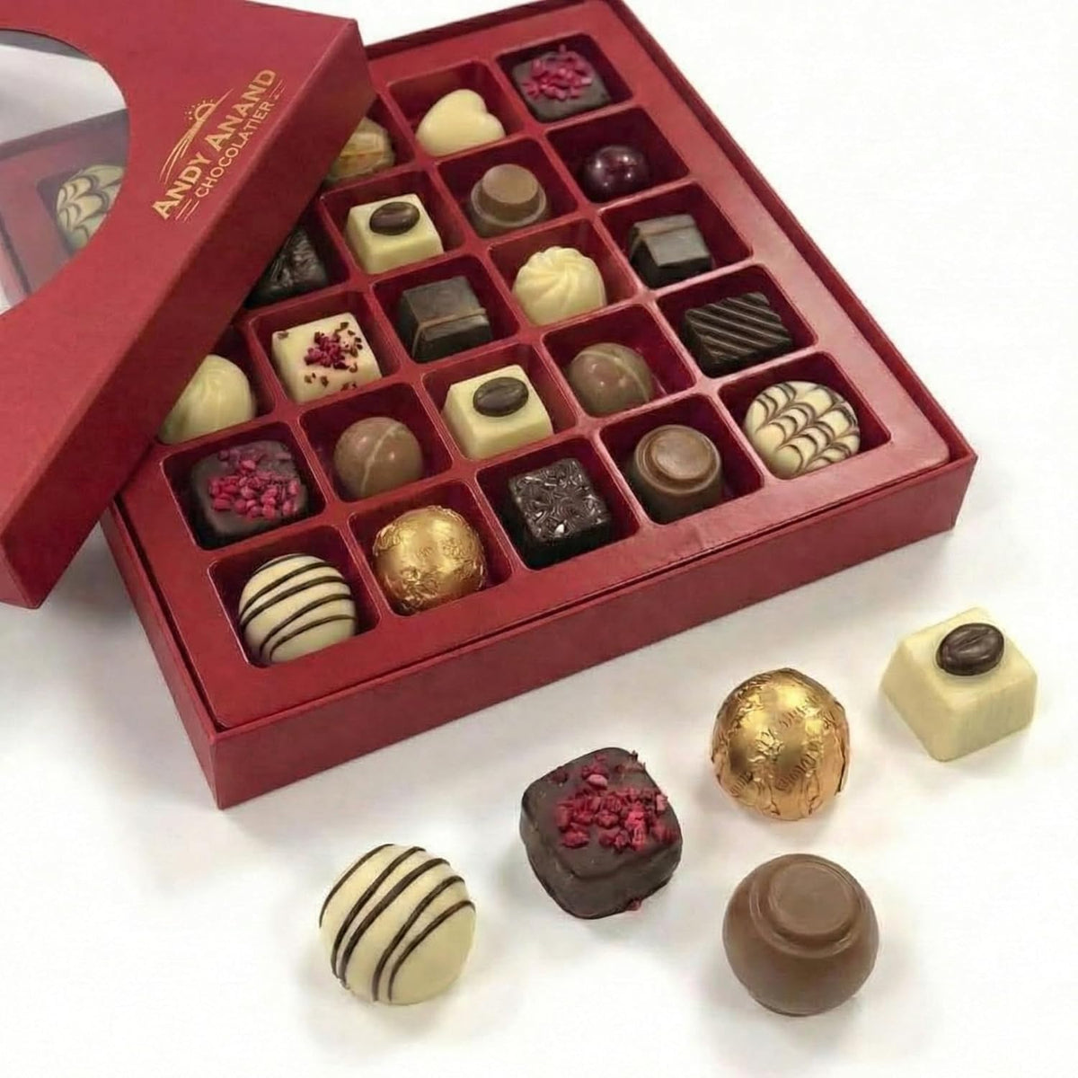 Andy Anand Premium Bon Bon Chocolate Collection, 25 pc – Truffles, Pralines, Pistachio Cream, Mint & Tiramisu, Birthday & Holiday Gift Box