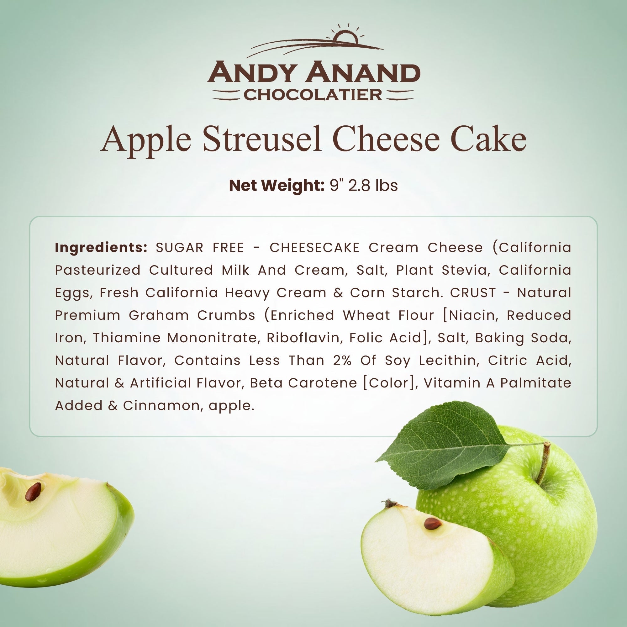 Andy Anand Sugar-Free Apple Streusel Cheesecake (9-inch, 2.8 lbs) | Sugar-Free & Keto Cheesecake | Local SoCal Bakery