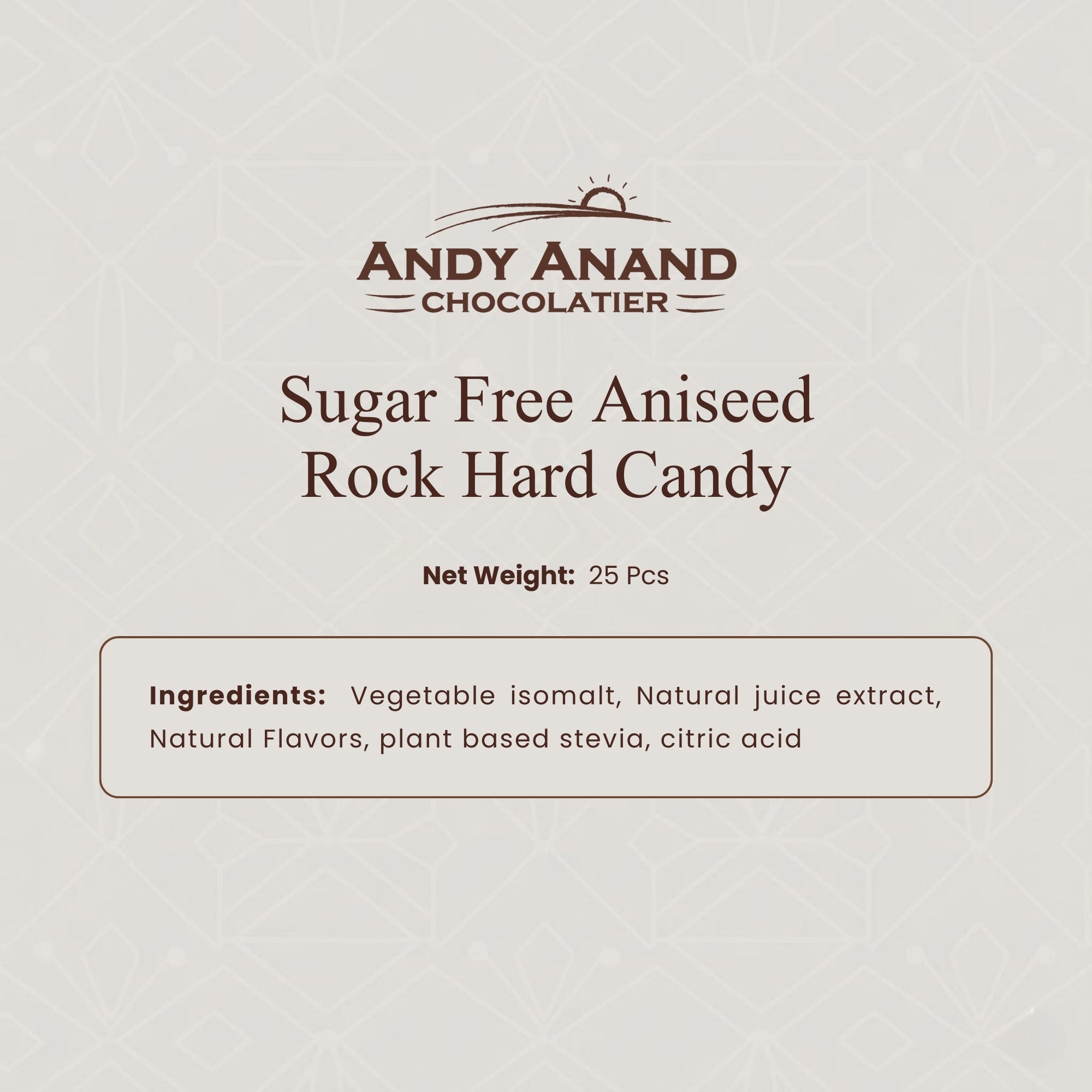 Andy Anand Sugar-Free Aniseed Rock Hard Candy, 25 pc – European Copper-Kettle Boiled, Keto & Diabetic-Friendly Gourmet Snack Gift Box