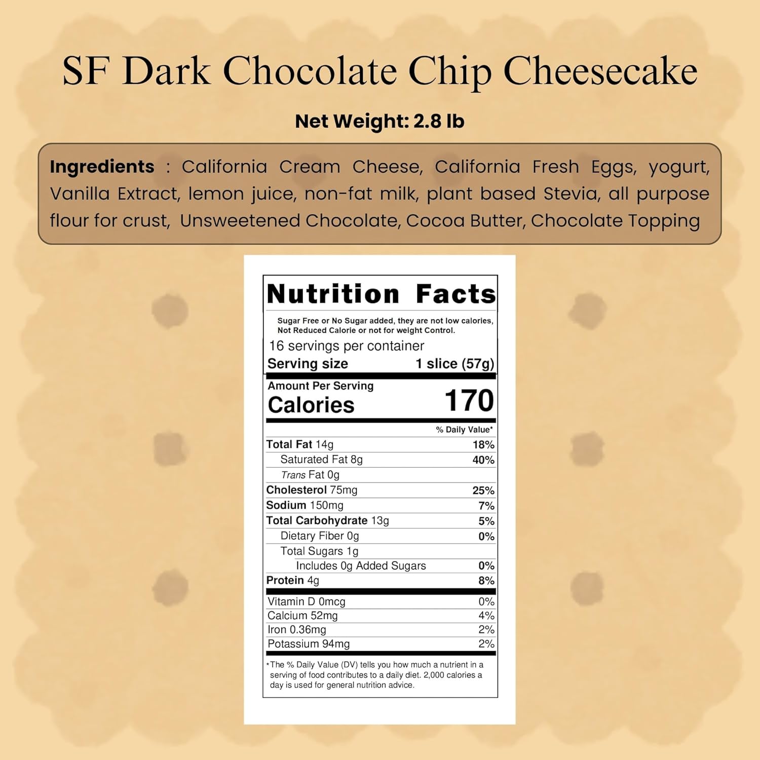 Andy Anand Sugar-Free Dark Chocolate Chip Cheesecake, 9-Inch, 2 lb – Diabetic-Friendly, California Cream Cheese, No Preservatives Gift Box