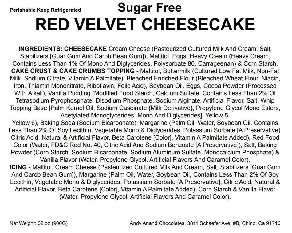 Andy Anand Sugar-Free Red Velvet Cheesecake, 9-Inch, 2 lb – Diabetic-Friendly, California Cream Cheese, No Preservatives, Birthday Gift Box