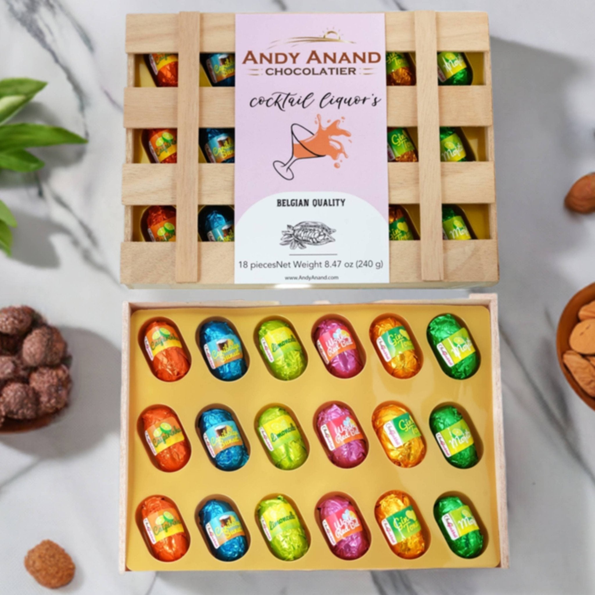 Andy Anand European Cocktail-Flavored Dark Chocolate Bottles, 18 pc, 11.5 oz – Mojito, Limoncello & Gin Tonic, Vegan Birthday Gift Box